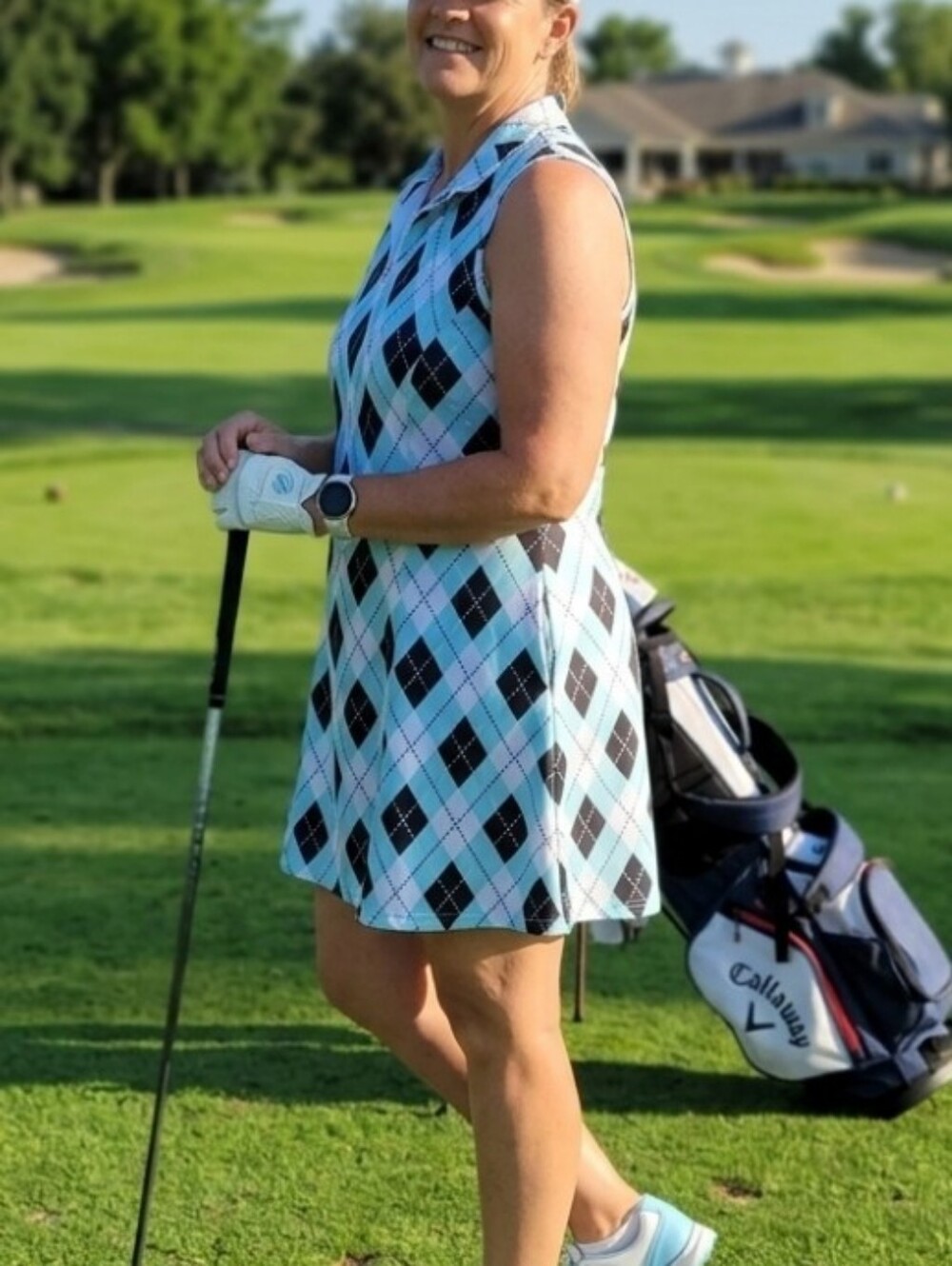 Sleeveless Argyle Golf Dress in Light Blue